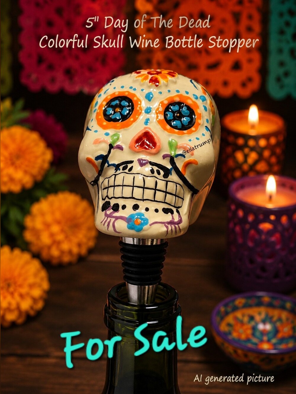 5" Day of The Dead Colorful Skull Wine Bottle Stopper